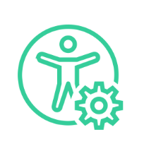 light green graphic image of a non descript person with outstretched arms inside a circle next to a wheel to represent GradLeaders accessibility capabilities