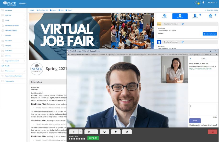 image of screenshot of gradleaders virtual career fair capabilities